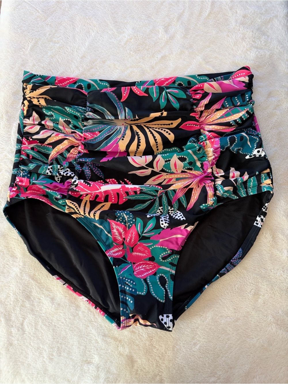 Shapermint Black Floral Ruched Swim Bottom- Pink, Teal & Gold Accents 3XL (20)
